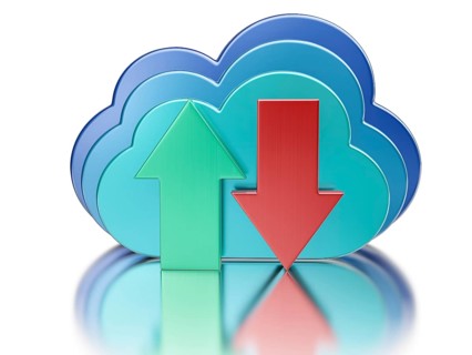 Remote database cloud computing technology storage upload download concept, 3 metal glossy cloud
