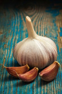 Garlic and cloves on old wooden background