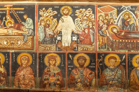 The painted interior of the barn-roofed Church of Archangelos Michail or Church of St. Michael the