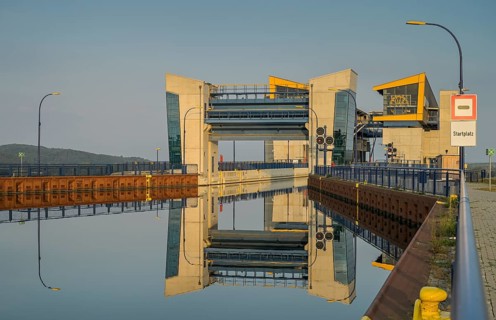Upper ship entrance, New Niederfinow North Ship's Hoist, Brandenburg, Germany, Europe