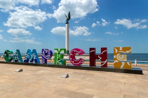 Colourful letters spelling name of Campeche city, Campeche State, Mexico on the Malecon seafront