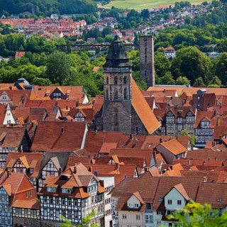 Town view from an elevated viewpoint with the church of St. Blasius, Hann. Münden or Hannoversch