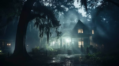 Dimly lit halloween haunted mansion with ghostly figures nearby and on steps amongst the foggy