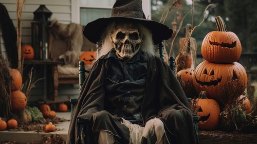 Ghostly scary old witch sitting amongst pumpkins and other halloween decorations, generative AI
