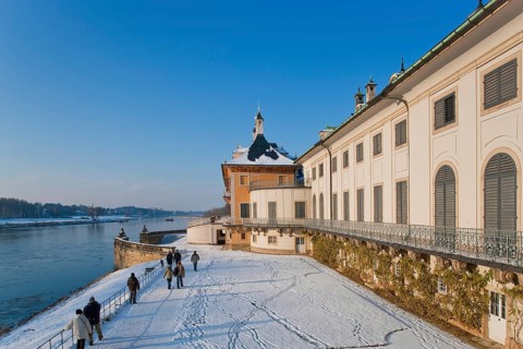 Pillnitz Palace Park in winter, water palace on the Elbe