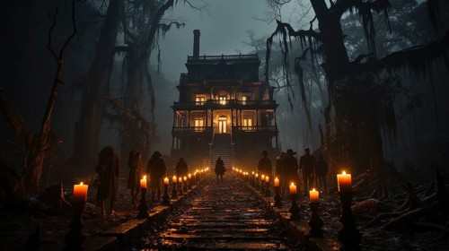 Silhouette of several people walking down the lantern lit walkway on halloween night toward a