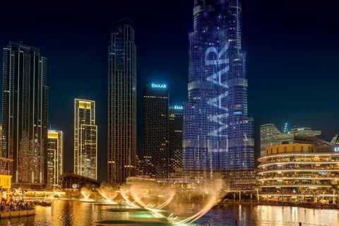 Night shot, water feature in Burj Khalifa Lake, Burk Khalifa, Downtown, Dubai, United Arab