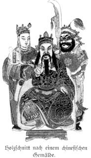 Woodcut after a chinese painting, three figures, masks, disguise, headgear, beard, China,