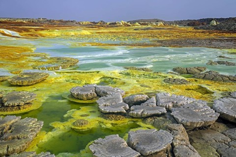 Dallol sulfur springs, hot springs in the Danakil Depression discharge brine and acidic liquid in