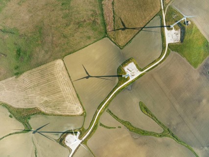 Windmills on a wind farm near Zahara de los Atunes, aerial view, drone shot, Cádiz province,