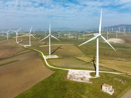 Windmills on a wind farm near Zahara de los Atunes, aerial view, drone shot, Cádiz province,