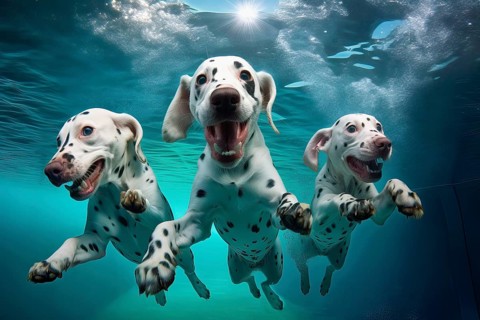 Three Dalmatian puppies diving in a river, AI Generated