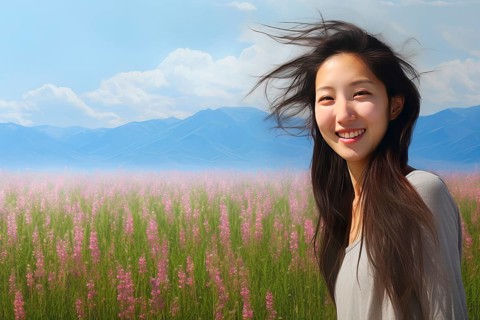 Beautiful young Asian woman with dark hair in a wildflower field, Kyrgyzstan, AI generated, Asia