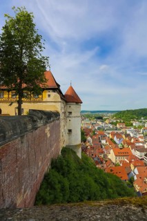 Old annexe with tower of the north gate, Hellenstein Castle, view of Heidenheim town, historical