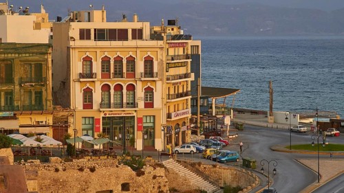 Morning light, houses at the harbour, roundabout, cars, harbour, Heraklion, capital, island of