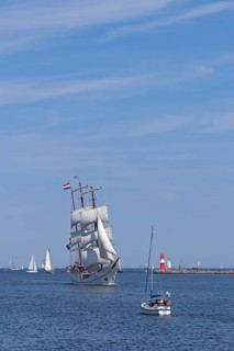 Sailing ship, pier light, Unterwarnow, Hanse Sail, Warnemünde, Rostock, Mecklenburg-Western
