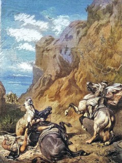 Cougar attacks two Arab horsemen, 1868, Arabia, Historic, digitally restored reproduction of an