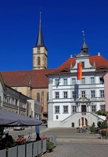 Town of Iphofen, market square with St. Vitus parish church and the town hall, Kitzingen district,