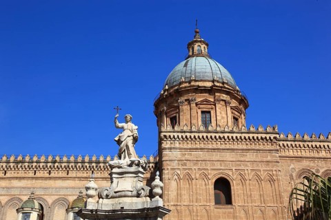 City of Palermo, the Cathedral Maria Santissima Assunta, in front of it the statue of Santa