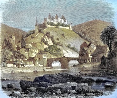 Ruin of Vianden Castle in Luxembourg, 1886, Historic, digitally restored reproduction of a 19th