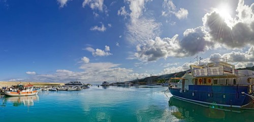 Tropea harbour with excursion boat, Tropea, Vibo Valentia, Calabria, Southern Italy, Italy, Europe
