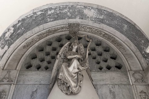 Angel playing the harp, sculpture on a family tomb, Monumental Cemetery, Cimitero monumentale di