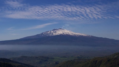 Altocumulus clouds, spring, green landscape, Etna, snow-capped peak, volcano, Eastern Sicily,