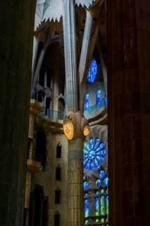 Interior view of the Familia Sagrada by the architect Antonio Gaudi in Barcelona, Spain, Europe