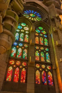 Interior view of the Familia Sagrada by the architect Antonio Gaudi in Barcelona, Spain, Europe