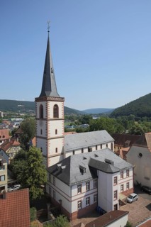 View from the Bayersturm on St. Michael Church in Lohr am Main, Lower Franconia, Franconia,