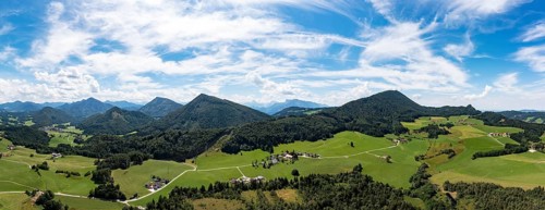 Drone image, agricultural landscape near Weißbach with Nockstein and Gaisberg, Koppl,