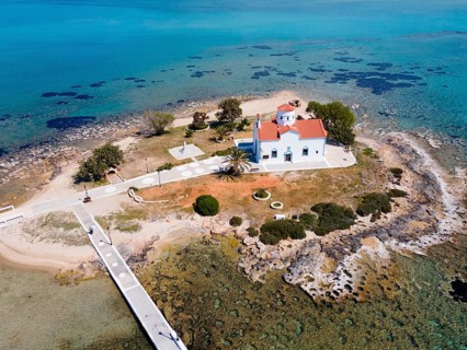 Drone shot, Saint Spiridon Greek Orthodox Church, Agios Spyridon, Elafonisos town, Elafonisos, Deer