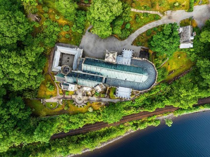 Top Down over St Conans Kirk from a drone, Loch Awe in Argyll and Bute, Scotland, UK