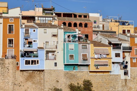 Colourful house facades, La Vila Joiosa, Villajoiosa, Costa Blanca, Valencian Country, Spain,