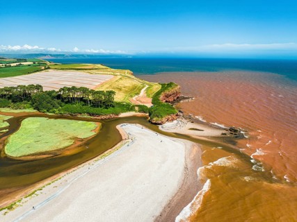 River Otter Estuary Nature Reserve from a drone, Budleigh Salterton Beach, Devon, England, United