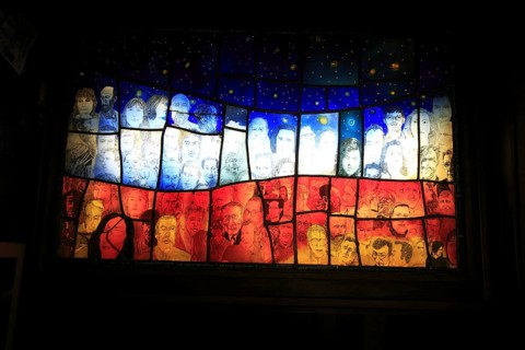 Stained glass artwork display inside J Grogan pub, South William Street, city of Dublin, Ireland,