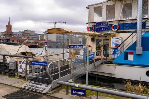 Detailed photo of a former hostel ship on the Spree at the Oberbaum Bridge, Berlin, Germany, Europe