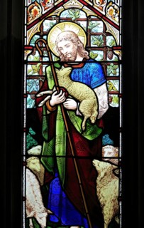 The Good Shepherd, stained glass window, Church of Saint Mary, Mendlesham, Suffolk, England, UK