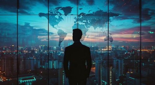 Confident business manager executive overlooking financial center from corporate office, AI