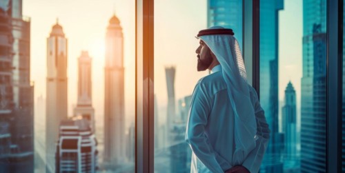Confident successful arab mulsim business manager executive in corporate office, AI generated