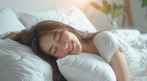 Healthy sleep on comfortable pillow. Healthy relaxation of Asian lady, AI generated