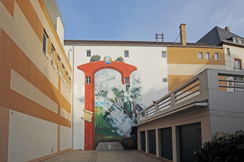 Mural Tor zur Welt by Klaus Klinger 1999, building, wall, street art, graffiti, Antoniterstraße,