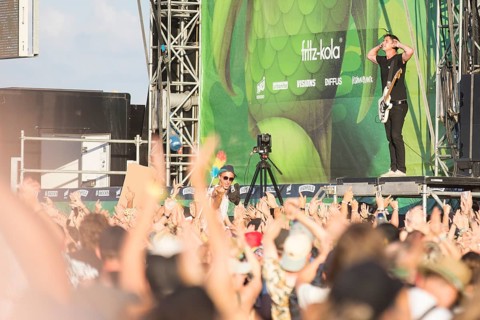 Yonas Farag, bassist from the band Montreal on the Green Stage at the Highfield Festival on Friday,
