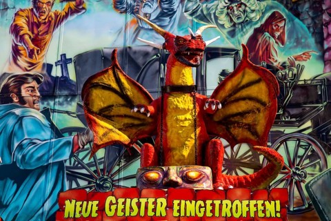 New ghosts arrived, ghost train in sunshine during the day, Cranger Kirmes, Herne, Ruhr area, North