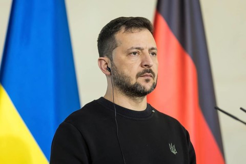 Volodymyr Zelensky (President of Ukraine) gives a press statement together with Olaf Scholz at the