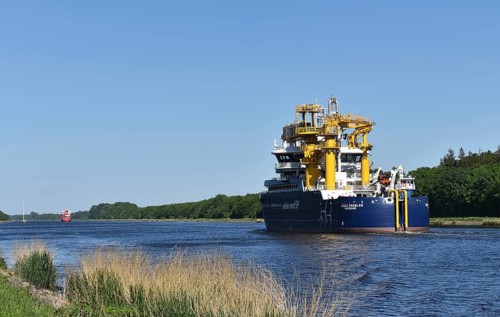 Offshore workboat Goelo Enabler travelling through the Kiel Canal, Kiel Canal, NOK,