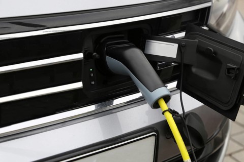 Close-up of an electric car at the charging station