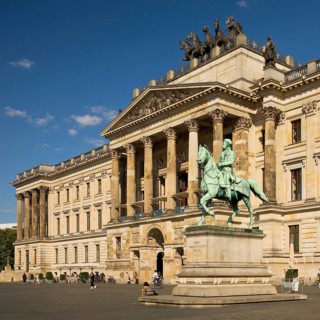 Palace, classicist three-winged complex with quadriga and equestrian statue of Duke Friedrich