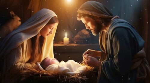 A nativity scene with a baby Jesus, Mary and Joseph, AI generated