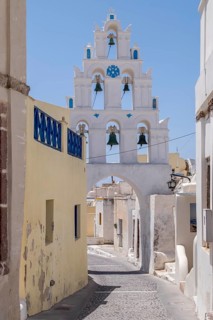 Bell tower in the traditional village of Megalochori, Santorini, Cyclades, Greece, Europe